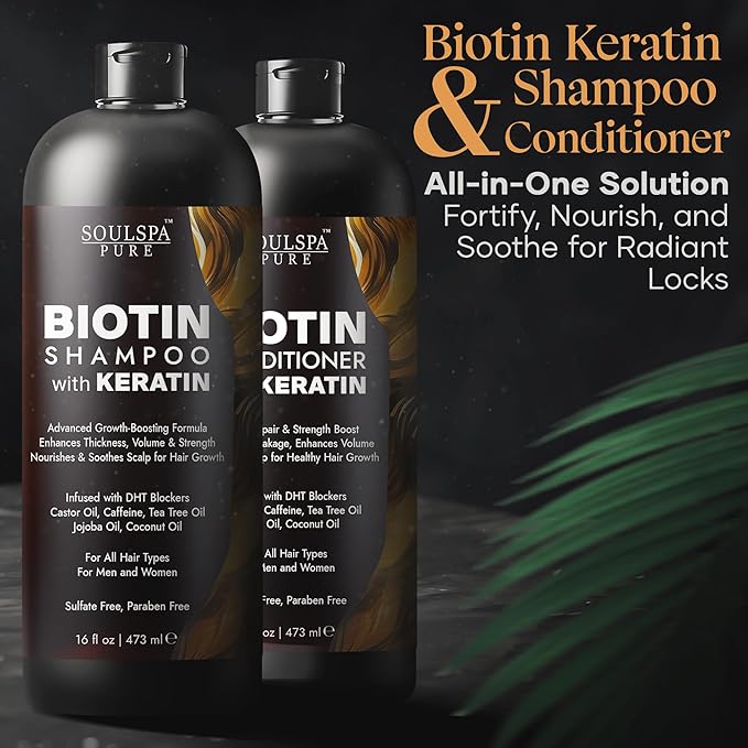 Biotin Shampoo and Conditioner Set with Keratin - Sulfate-Free Advanced Anti-Thinning, Hair Growth Shampoo and Conditioner Combo Repair Formula - with DHT Blockers, for Men & Women - 16 fl oz each-PawvioPets