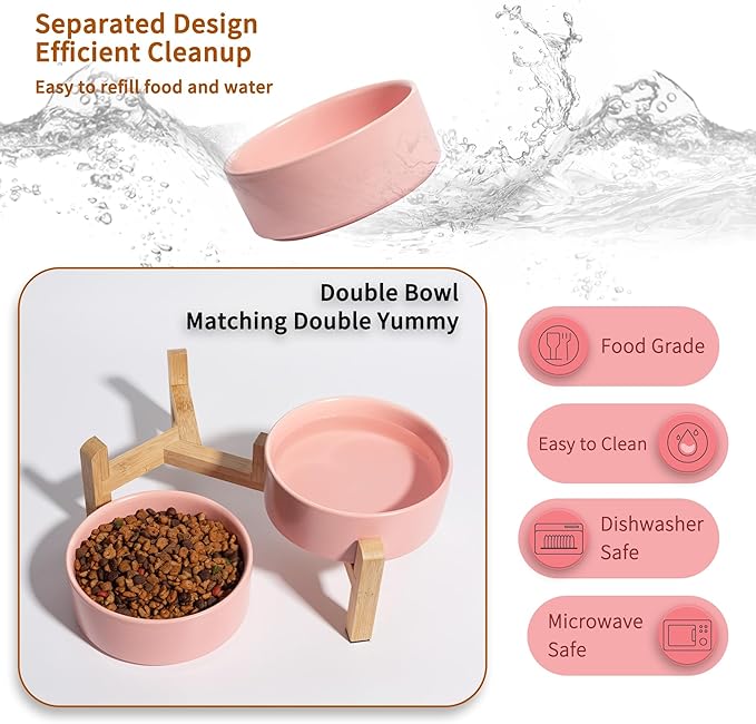 Elevated Ceramic Dog Bowl Set - Raised Feeding Bowls with Non-Slip Bamboo Stand - Small Pet Dishes for Food and Water - Ideal for Cats and Puppies - 16.23 OZ - 2 Cups - 480 ML-PawvioPets