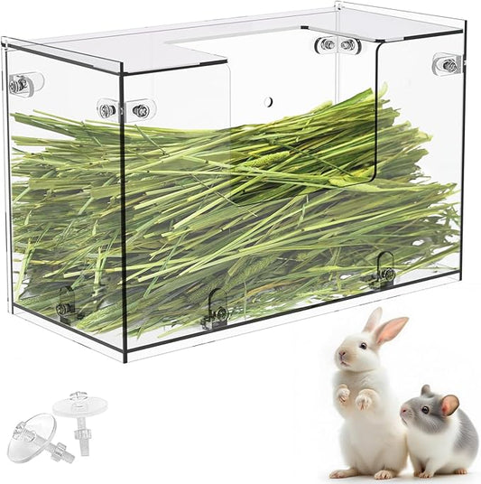 Acrylic Rabbit Hay Feeder with Lid, Transparent Hanging Food Dispenser Hay Feeder for Bunny Rabbits Guinea Pig Cage Chinchillas Hamsters Small Pets and Animals（Small-PawvioPets