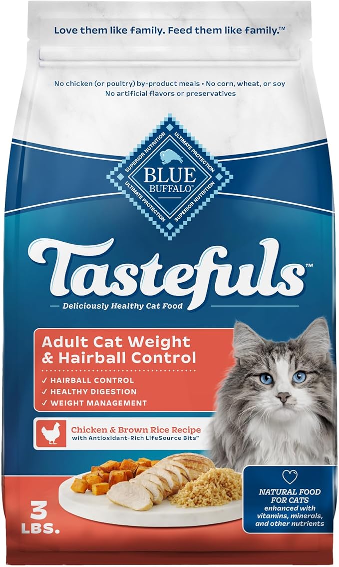 Blue Buffalo Tastefuls Weight & Hairball Control Natural Dry Food for Adult Cats, 3-lb. Bag-PawvioPets