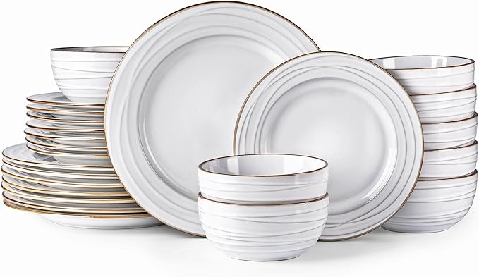 GBHOME Ceramic Dinnerware Sets, 24 pcs Embossed Elegant Stoneware Plates and Bowls Sets, Housewarming Wedding Gift | Dishwasher & Microwave Safe | Dishes Set Service for 8-PawvioPets
