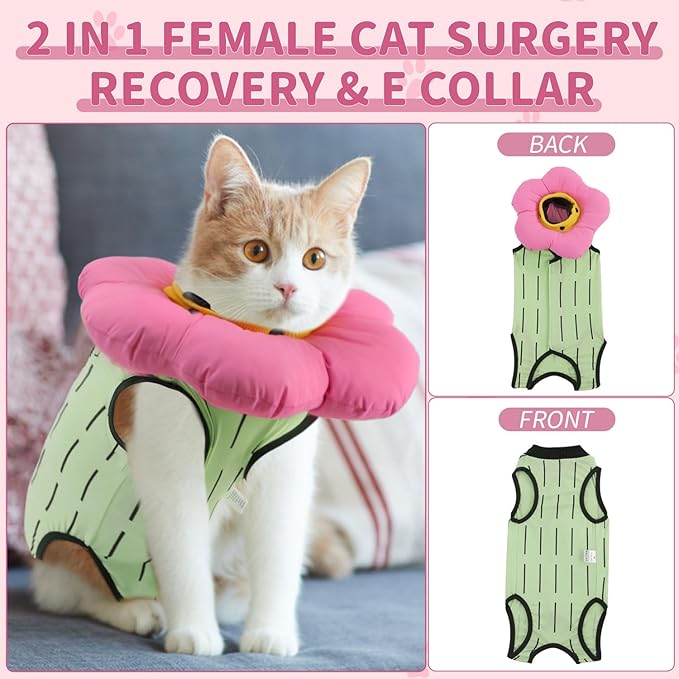 EMUST Cat Recovery Suit and Cone Collar - Cute Surgical Suit for Abdominal Wounds or Skin Diseases, Adjustable Flower Neck Collar Soft for Cats 4-8lb (Green, M)-PawvioPets
