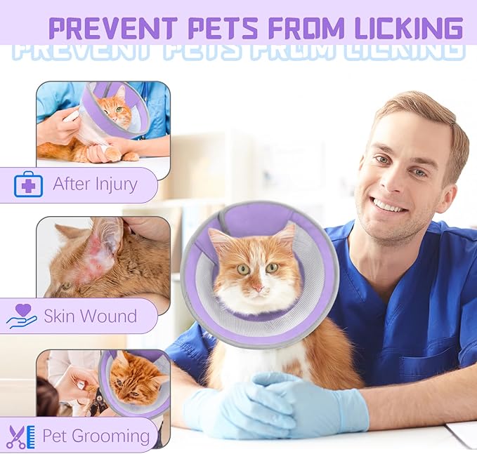 Breathable Air Mesh Cat Cone Collar Soft to Stop Licking, Adjustable, Foldable Lightweight Kitten Cones After Surgery Recovery for Cats & Kittens (Purple, S)-PawvioPets