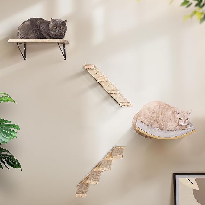 4-Piece Cats Wall Furniture with Cat Window Perch – Wood Wall Mounted Cat Shelves Set with Foam-Padded Curved Bed, Flat Perch & 4-Step Cats Stairs-PawvioPets