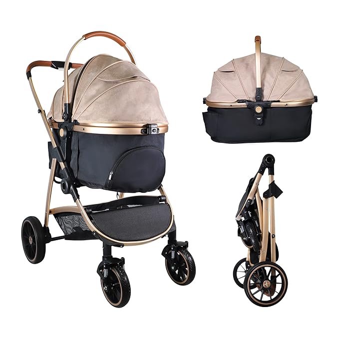 3 in 1 Multifunction Pet Stroller for Small Medium Dogs Cats, No-Zip Dog Stroller with Detachable Carrier & Cup Holder, One-Hand Quick Fold, 4 Wheels Travel Foldable Aluminum Alloy Frame Up to 33 lbs-PawvioPets
