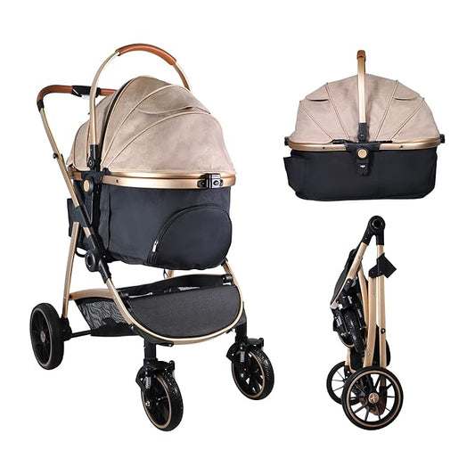 3 in 1 Multifunction Pet Stroller for Small Medium Dogs Cats, No-Zip Dog Stroller with Detachable Carrier & Cup Holder, One-Hand Quick Fold, 4 Wheels Travel Foldable Aluminum Alloy Frame Up to 33 lbs-PawvioPets