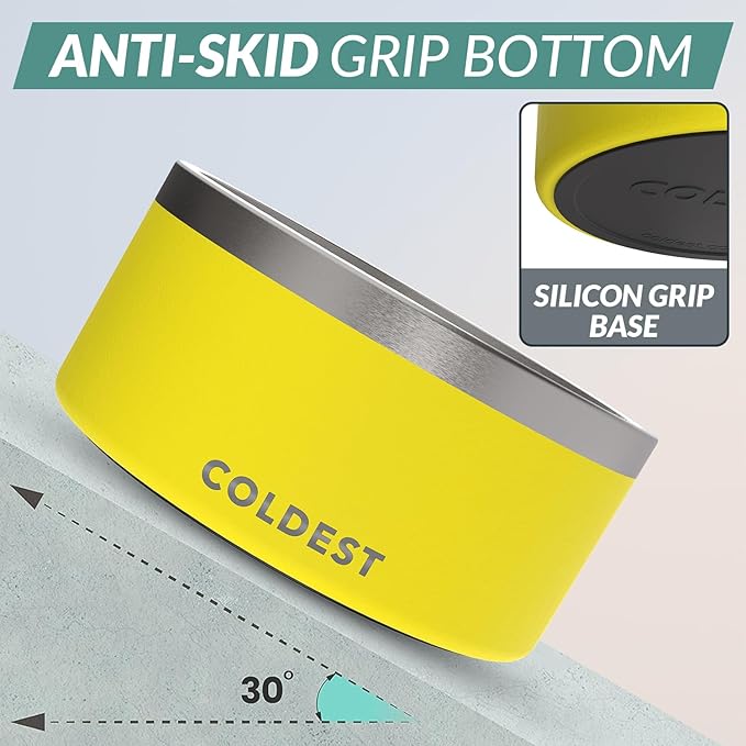Coldest Dog Bowl - Anti Rust Metal, Non Slip, 3 Layers Insulated Stainless Steel Dog Bowls - Spill Proof & Heavy Duty - Water Bowl for Dogs, Cats & Pets, Dish Washer Safe (200 oz, Solar Yellow)-PawvioPets