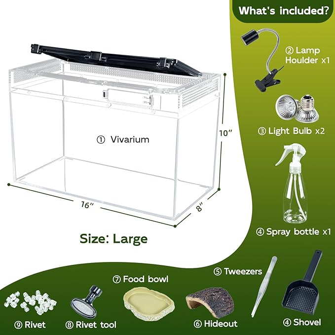 16×10×8'' Reptile Tank Kit with Heat Lamp, Spray Bottle, Shovel, Tweezers, Food Bowl, Hideout -Perfect for Geckos, Bearded Dragons, Snakes, Lizards, Turtles 360° Viewing, PC Glass-PawvioPets