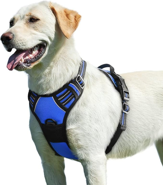 Eagloo Dog Harness for Large Dogs, No Pull Service Vest with Reflective Strips and Control Handle, Adjustable and Comfortable for Easy Walking, No Choke Pet Harness with 2 Metal Rings, Blue, L-PawvioPets