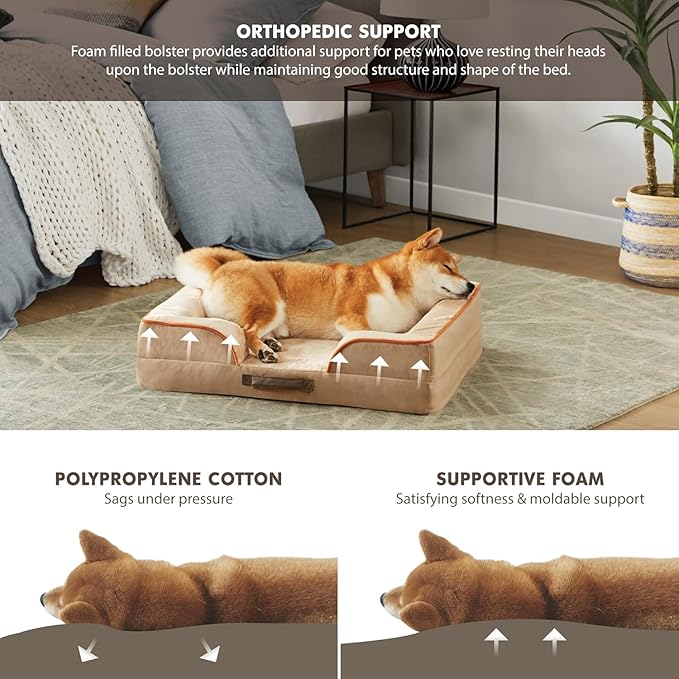 Friends Forever Orthopedic Dog Bed for Medium Dogs, Waterproof Memory Foam Dog Sofa Bed M with Removable Washable Cover, Ally Khaki, 28x23x6.5-PawvioPets