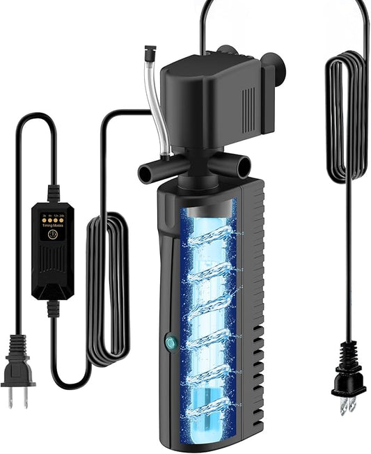 Aquarium U-V Filter for Green Water, Fish Tank Filter with Timer U-V Light, Turtle Tank Filter, Internal Filter with Dual Water Outlet & Aeration, for 70-100 Gallon Tank-PawvioPets