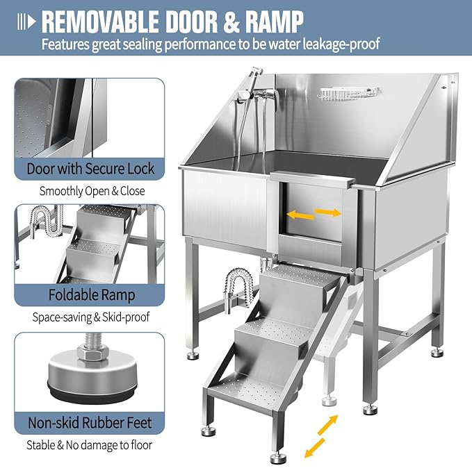38"" Pet Dog Bathing Station W/Ramp, Professional Stainless Steel Dog Grooming Tub W/Soap Box, Faucet,Rich Accessory, Dog Bathtub for Large,Medium,Small Pets, Washing Sink for Home,R-RAMP-PawvioPets