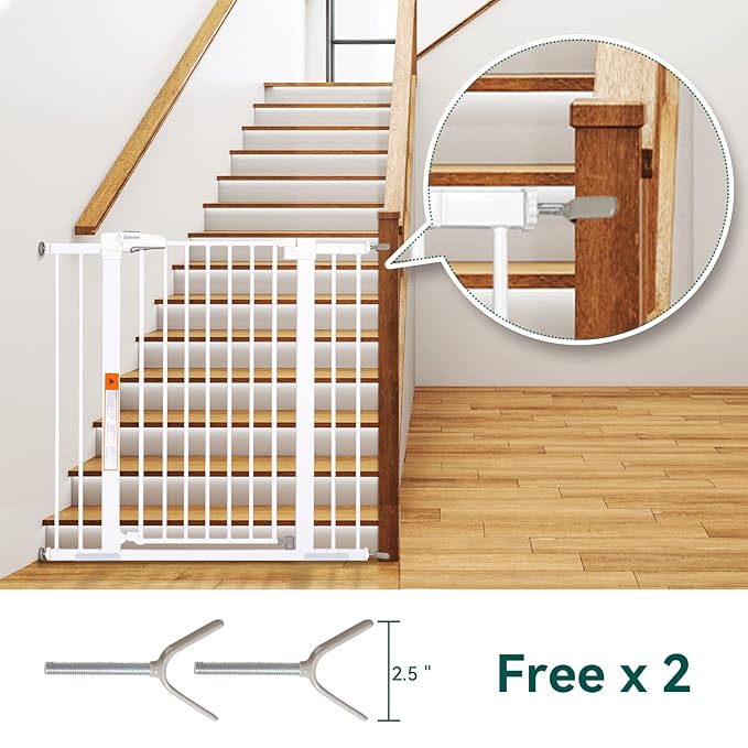 BABELIO 36" Extra Tall Dog Gate, 26-40" Wide Auto Close Baby Gate, Pressure Mounted Metal Pet, Easy Install No Drilling, No Tools Required, With Wall Protectors and Extension Kits, White-PawvioPets