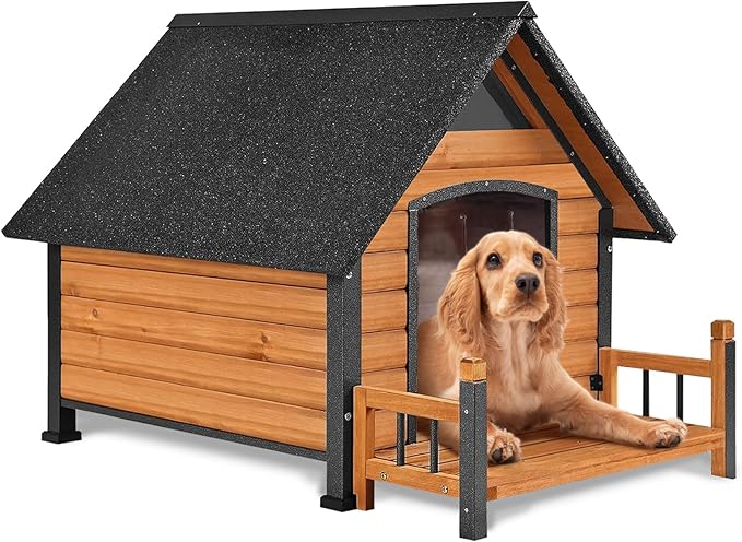 AIVITUVIN Dog House Outdoor Anti-Bite Metal Frame Design Wooden Dog Kennel Outside with Elevated Floor Weatherproof (Brown, 45" D x 32.9" W x 32.6" H)-PawvioPets