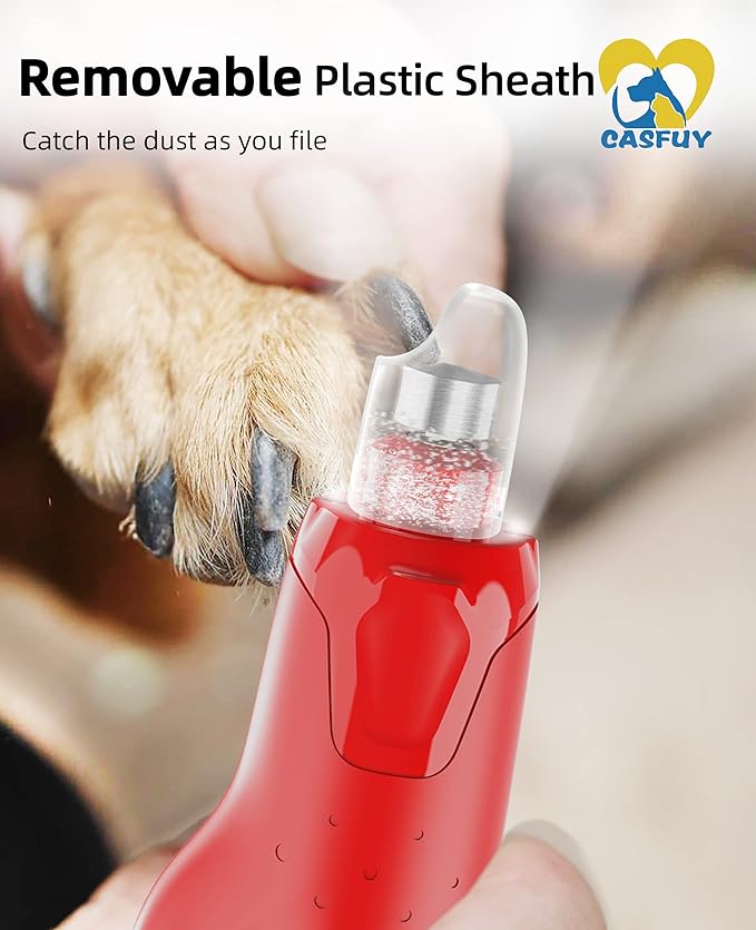 Casfuy Dog Nail Grinder Quiet - (45db) 6-Speed Pet Nail Grinder with 2 LED Lights for Large Medium Small Dogs/Cats, Professional 3 Ports Rechargeable Electric Dog Nail Trimmer with Dust Cap(Red)-PawvioPets