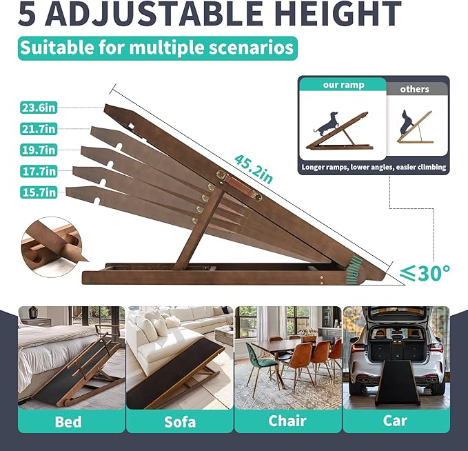 Dog Ramp, 5 Level Adjustable Wooden Folding Pet Ramp for Middle Bed, Couch,SUV-High Traction, Portable Paw Ramps for Small & Large Old Dogs & Cats - Furniture Quality-PawvioPets