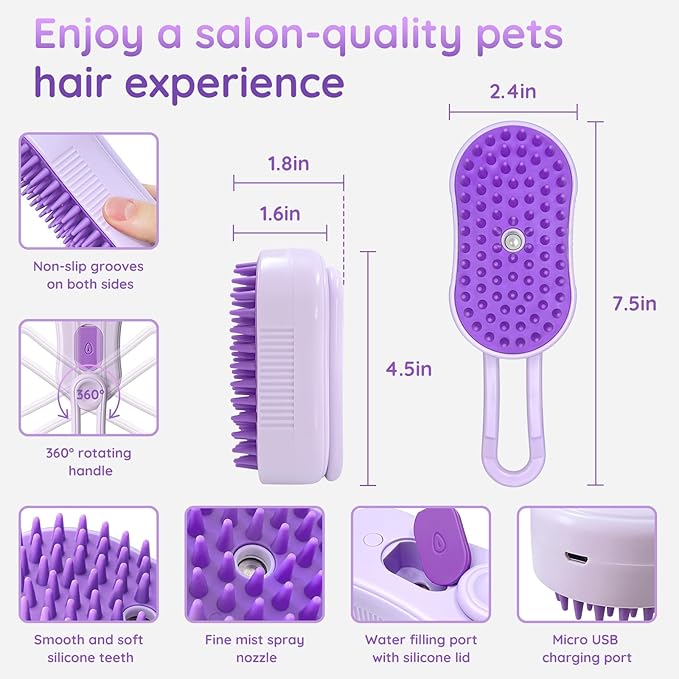 GKZ Cat Steam Brush, 3 in 1 Pet Comb for Massage, Cleaning, Shedding and Combing, Electric Mist to Prevent Flyaways for Home, Dogs and Cat Lovers - Purple-PawvioPets