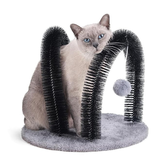Cat Arch Self Groomer Massager, Kitty Grooming Brush with 2 Brushes and Heavy Plush Base, Cat Face and Back Scratchers, Scratching Post for Indoor and Outdoor Cats with 2 Plush Balls-PawvioPets
