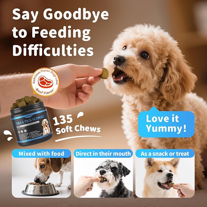 Dog Flea and Tick Support Chewable, Natural Dog Flea Comfort Supplement, Oral Chews with Neem, Oregano Oil, Pumpkin Seed Oil & Brewer's Yeast – 135 Soft Chews, Beef Flavor – for All Breeds & Sizes-PawvioPets