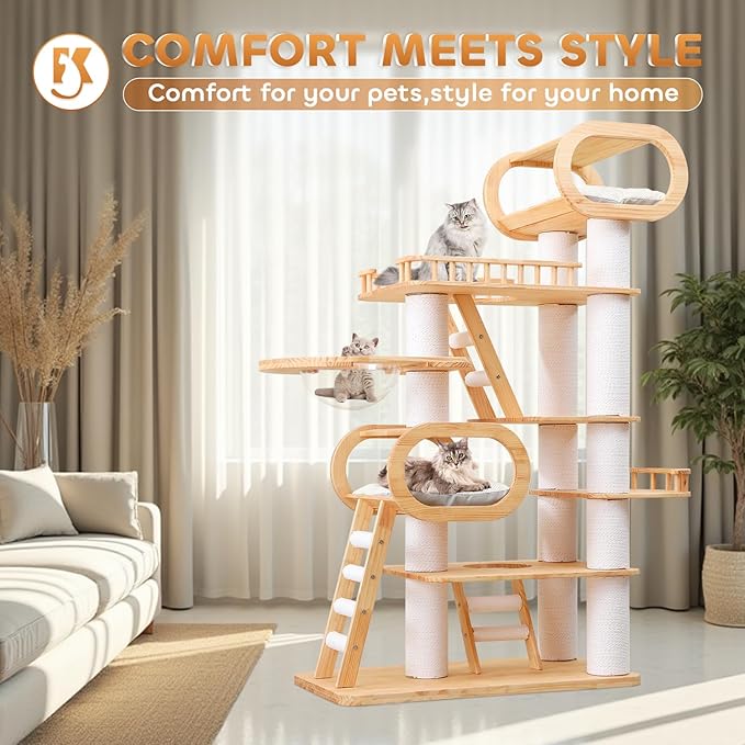 76.8'' Modern Cat Tree for Indoor Cats, Tall Wooden Cat Tower for Home Decoration, Multi-Level Tower with Transparent Cat Bed, Huge Cat Condo for Multi-Cat Families-PawvioPets