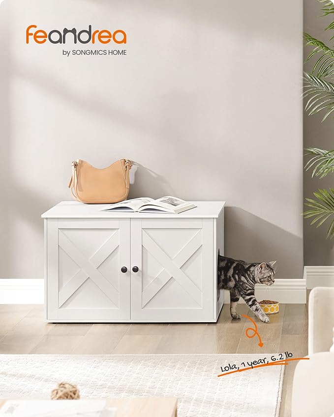 Feandrea Cat Litter Box Enclosure, Litter Box Furniture Hidden with Removable Divider, Indoor Cat House, End Table, 31.5 x 20.9 x 19.7 Inches, White UPCL002W01-PawvioPets