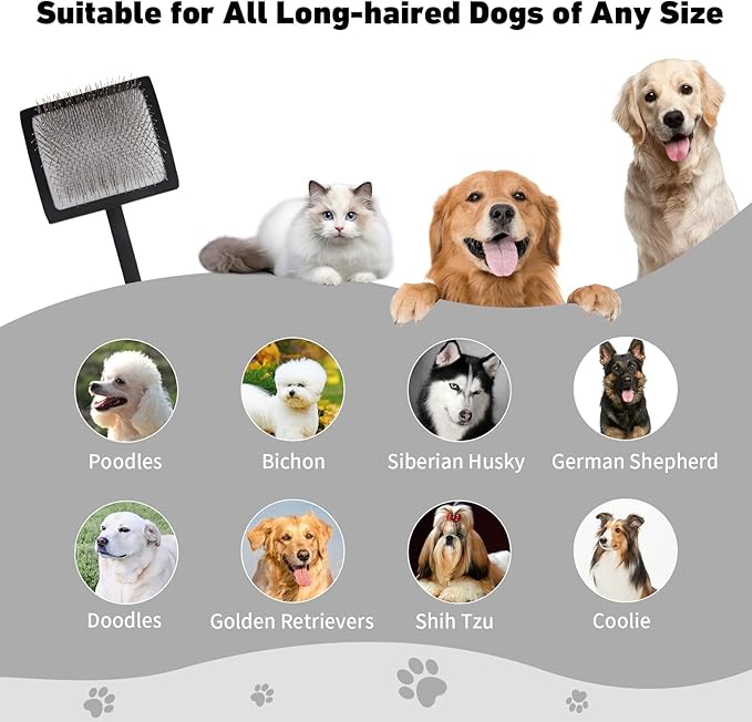 Dog Slicker Brush for Shedding and Grooming Medium or Long Haired Cats, Extra Long & Soft Pin Slicker Brush for Removes Loose Hair, Tangles, Knots, Undercoat, Free Pet Comb, Large Black-PawvioPets