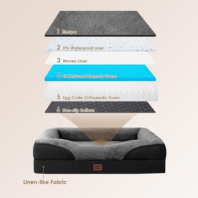 EHEYCIGA Memory Foam XXL Dog Bed for XLarge Sized, Orthopedic Dog Sofa with Sides and Waterproof Liner, Washable Bolster Pet Couch with Removable Cover, 52x41x8 Inch, Grey/Black-PawvioPets