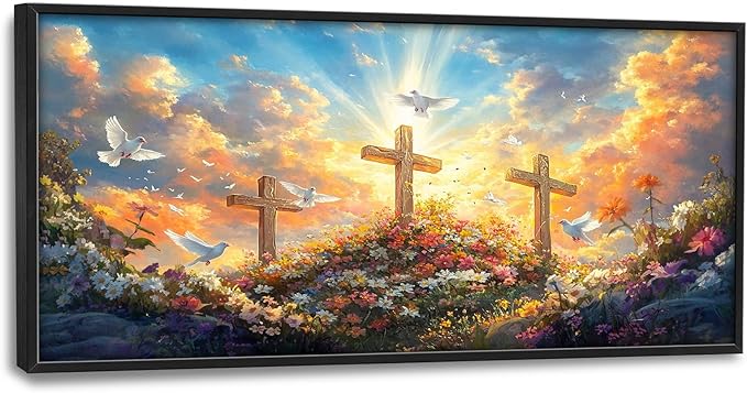Framed Large Christian Jesus Wall Art, Oversized Floral Dove Wall Decor for Living Room, Landscape Canvas Painting Peaceful Pictures Modern Artwork for Living Room Bedroom Office 60"x30"-PawvioPets