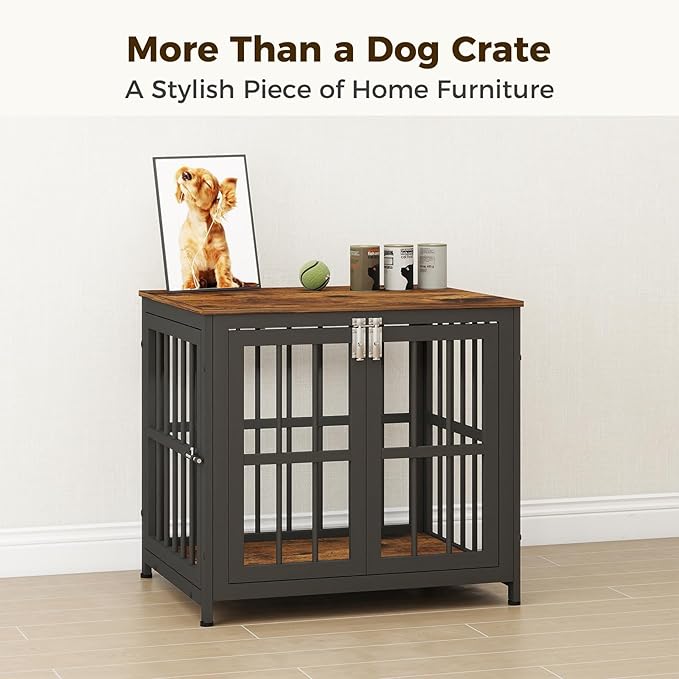 26 Inch Heavy Duty Wooden Dog Kennel End Table with Double Door Design and Secure Locks, Indoor Pet Crate Furniture for Small Dogs, Decorative Home Cage Design,Aged Black-PawvioPets