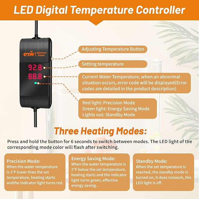 azw Aquarium Heater, 100W Fish Tank Heater for 25-45 Gallon with Digital LED Controller, Frequency Conversion Energy Saving, IPS Anti-Boiling Fish, 7 Intelligent Protections for Freshwater/Saltwater-PawvioPets