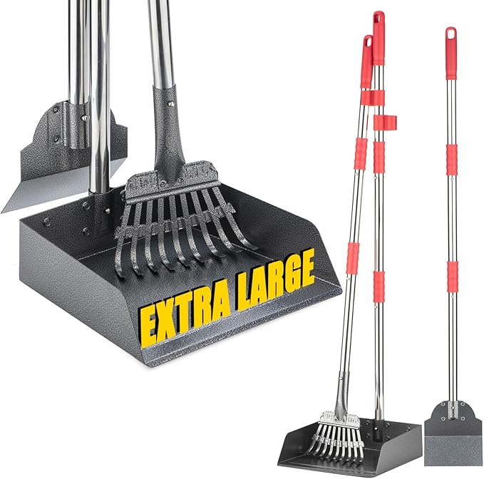 Dog Pooper Scooper Set, Pooper Scooper for Dog, Heavy Duty Stainless Steel Rake with Extra Large Tray & Spade No Bending Clean Up for Pet Waste Removal, for Grass, Dirt Or Gravel.-PawvioPets