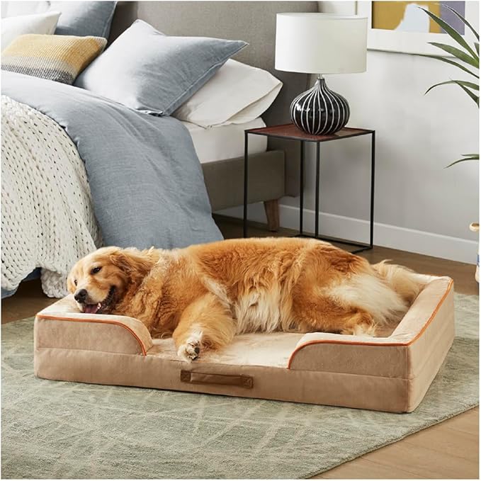 Friends Forever Orthopedic Dog Bed for Extra Large Dogs, Waterproof Memory Foam Dog Sofa Bed XL with Removable Washable Cover, Ally Khaki, 42x32x7-PawvioPets