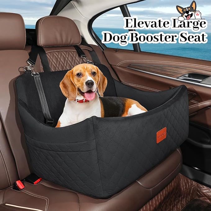 Dog Car Seat for Medium & Large Dogs Up to 55lbs, Memory Foam Cushion, Washable Cover, Safety Straps & Non-Slip Bottom(Black,Large)-PawvioPets