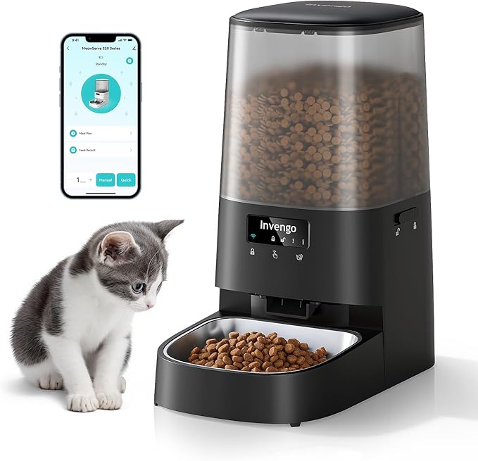 Cat Feeder Automatic - Cat Food Dispenser MeowServe S20, Auto Dog Feeder with Stainless Steel Bowl, 5L Pet Feeder with Patented Anti-Jam Port, App, Dual Lock Lid, Dual-Band WiFi & Power Supply-PawvioPets