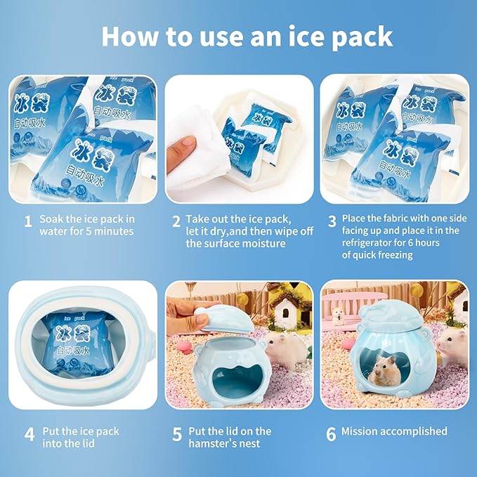 3-in-1 Bear Shaped Ceramic Hamster House - Cool House for Syrian Dwarf Hamsters, Mice, Gerbils， Small Pets, Top for Hamster Food, Removable Lid for Ice Packs, Cute Cool Hideout for Summer（Blue）-PawvioPets