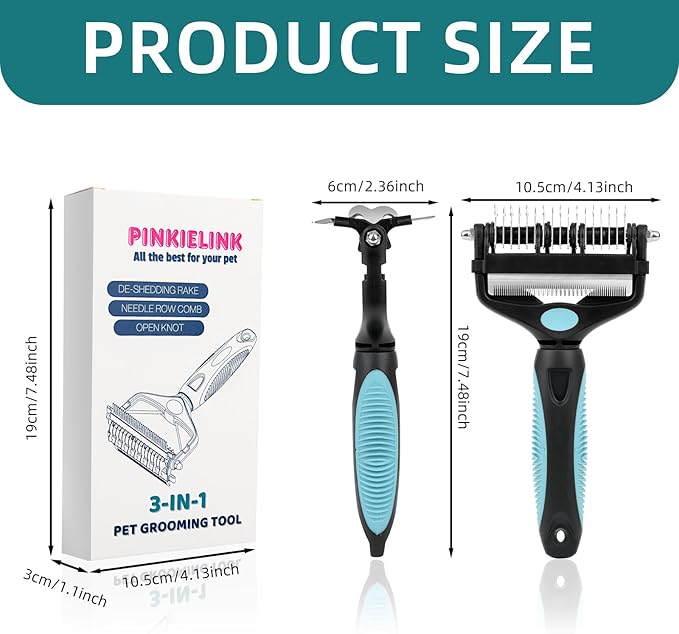 3-IN-1 Pet Grooming Tool - Undercoat Rake, Dematting Comb & Deshedding Brush for Cats & Dogs - Removes Mats, Tangles & Loose Fur, Reduces Shedding & Prevents Hair Mess (Blue)-PawvioPets