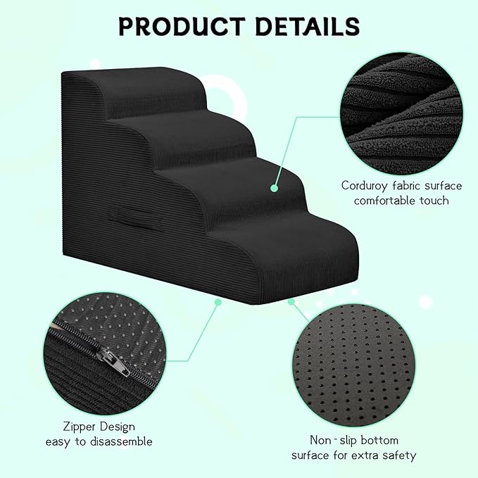 Dog Steps for Small Dogs, 4-Step Pet Ramp Stairs for High Beds and Sofa, Non-Slip Pet Stairs for Small Dogs and Cats, Removable and Easy to Clean Cover, Black-PawvioPets