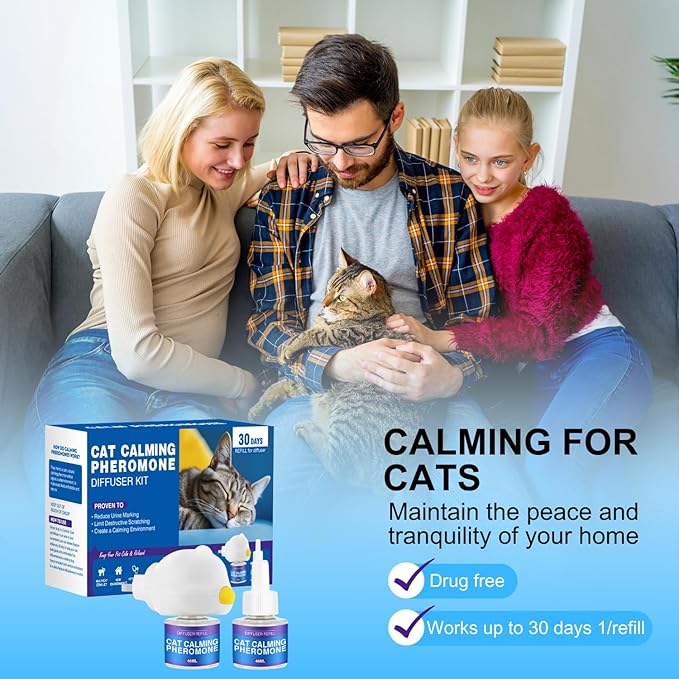 Cat Calming Diffuser Kit for Cat Anxiety Relief, 3-in-1 Cat Pheromone Diffuser Kit with 1 Diffuser +2 Refill 48ml Vial for 60-Day Use, Reduces Separation Anxiety, Aggression, and Stress-PawvioPets