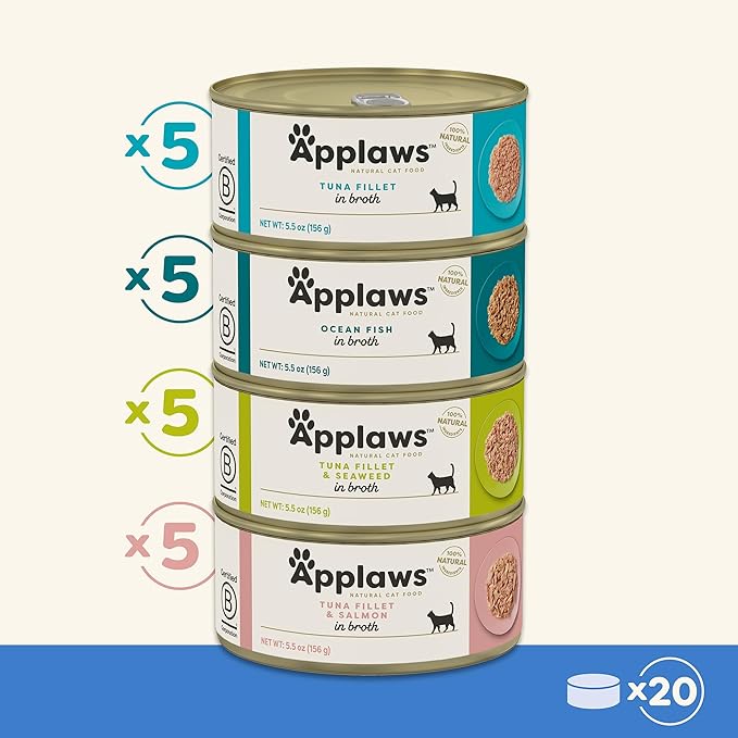Applaws Natural Wet Cat Food in Broth, Limited Ingredient Canned Wet Cat Food, No Additives, Made with Natural Ingredients, Fish Selection in Broth Cans (20 x 5.5 oz Cans)-PawvioPets