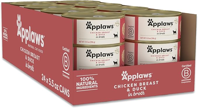Applaws Natural Wet Cat Food in Broth, Limited Ingredient Canned Wet Cat Food, No Additives, Made with Natural Ingredients, Chicken Breast & Duck in Broth (24 x 5.5oz Cans)-PawvioPets