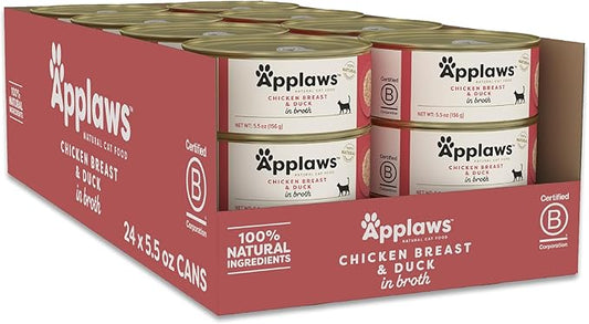 Applaws Natural Wet Cat Food in Broth, Limited Ingredient Canned Wet Cat Food, No Additives, Made with Natural Ingredients, Chicken Breast & Duck in Broth (24 x 5.5oz Cans)-PawvioPets