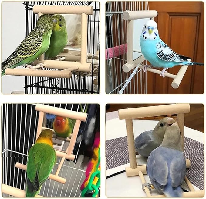 Bird Mirror with Swing and Perch for Parakeets Cockatiels Lovebirds Finches - Wooden Interactive Hanging Cage Toy, 3.7 x 3.5 x 3.5 Inch, 1 Pack-PawvioPets