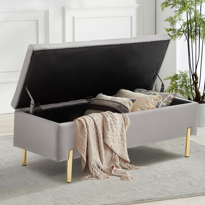 45.6 Inch Velvet Storage Bench, Tufted Upholstered Ottoman with Storage, Bedroom Living Room Entryway Rectangular Accent Bench, Grey-PawvioPets