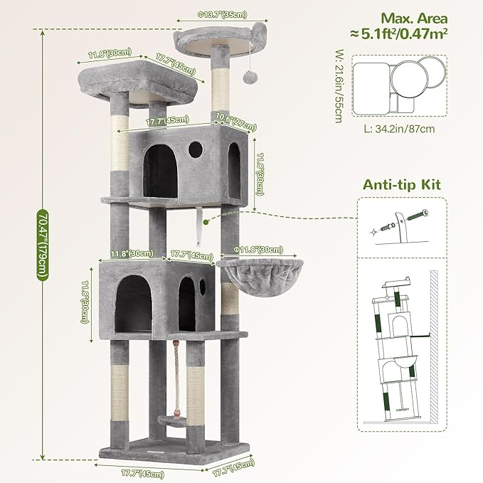 Globlazer Cat Tree, 70 inch Tall Scratching Tower Multi-Level Cat Condo for Indoor Multiple Cats with 2 Large Cat Caves, Top Perch, Large Platform, Bottom Swing, F70B, Light Grey-PawvioPets