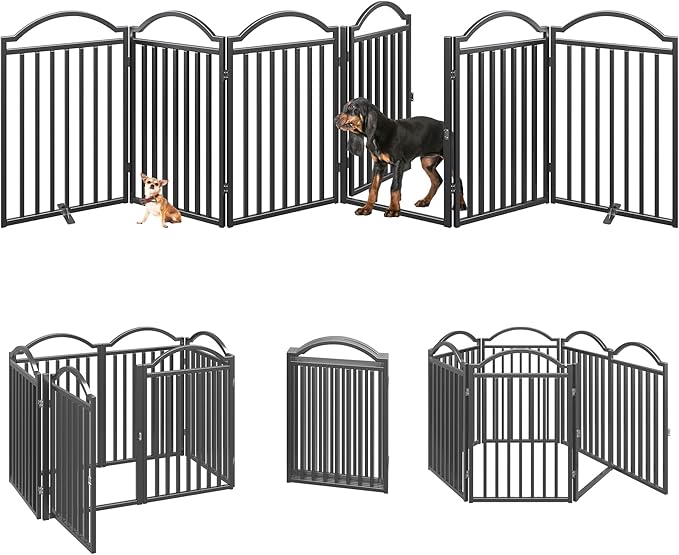 BHG Metal No-Assembly Freestanding Dog Gate with Door Walk Through, Extra Wide 144", Extra Tall 32" Pet Gate, Accordion Puppy Folding Playpen Dog Fence for Indoor & Outdoor, with 2PCS Support - Black-PawvioPets