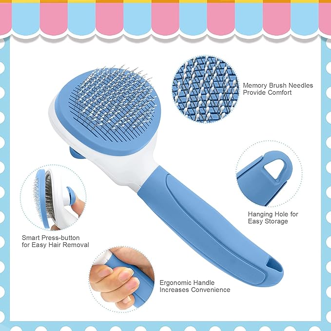 Cat Brush for Shedding and Grooming, Pet Self Cleaning Slicker Brush with Cat Hair Comb by KALAMANDA (Blue)-PawvioPets