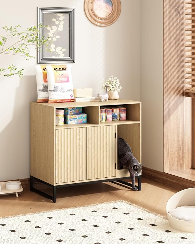 Cat Litter Box Enclosure, Large Hidden Pet Storage Cabinet Furniture with Waveform Fluted Doors & Scratching Pad, Modern Wooden Cat House Indoor for Washroom, Living Room, Bedroom, Natural-PawvioPets