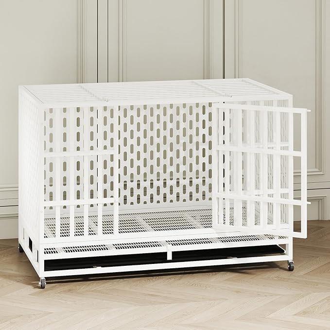 48 Inch Heavy Duty Indestructible Dog Crate Steel Escape Proof, Indoor Double Door High Anxiety Cage, Kennel with Wheels, Removable Tray,White,Extra Large XL XXL-PawvioPets
