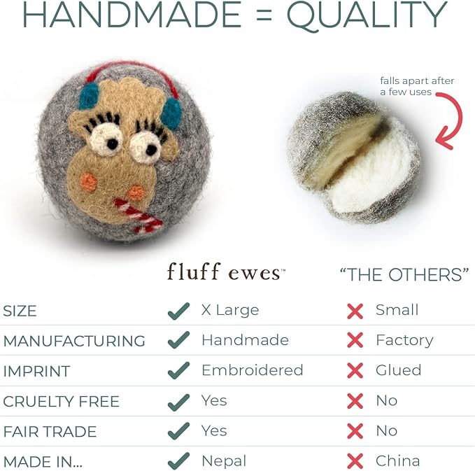 Fluff Ewes Wool Dryer Balls 3 Pack Premium New Zealand Wool Laundry Balls for Dryer, No Static Dryer Balls Laundry Reusable, XL Christmas Dryer Balls, Holiday Dryer Balls - Sheep in Heavenly Peace-PawvioPets