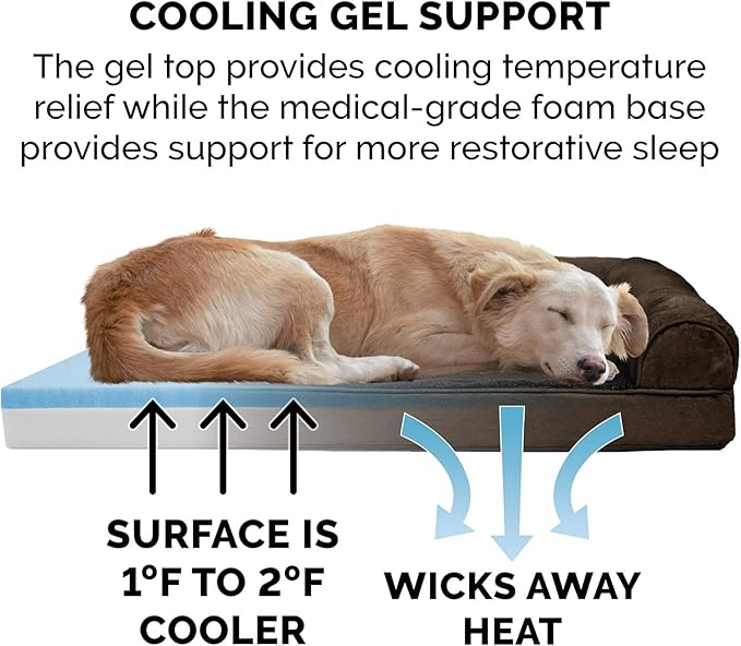 Furhaven Cooling Gel Dog Bed for Large Dogs w/ Removable Bolsters & Washable Cover, For Dogs Up to 125 lbs - Plush & Suede Sofa - Espresso, Jumbo Plus/XXL-PawvioPets